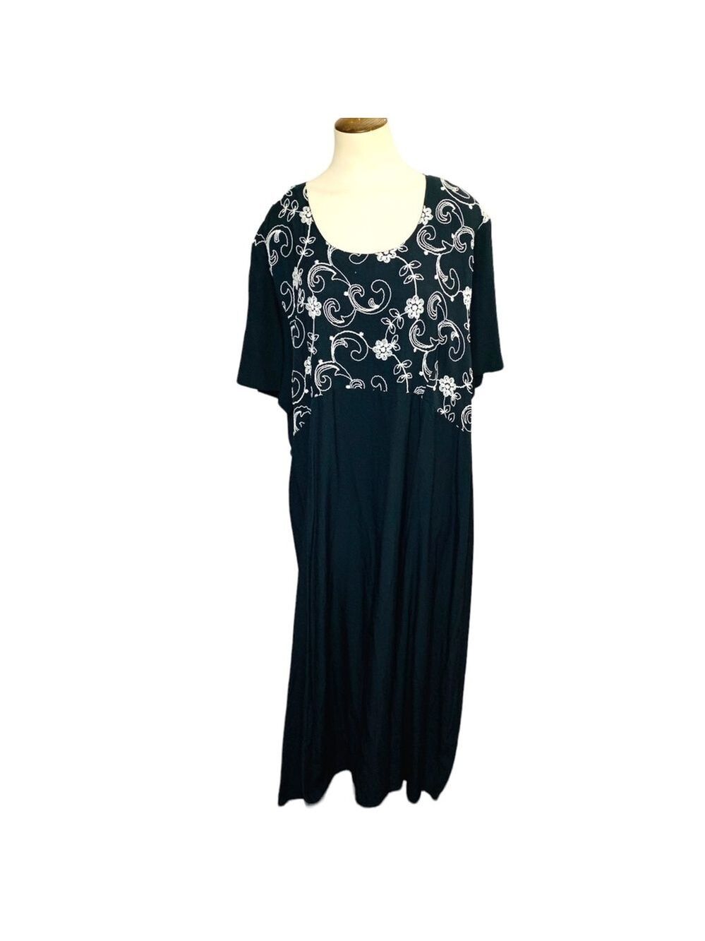 KATHRYN Deene Black White Embroidery Maxi Dress Short Sleeves Drawstring Sz 22